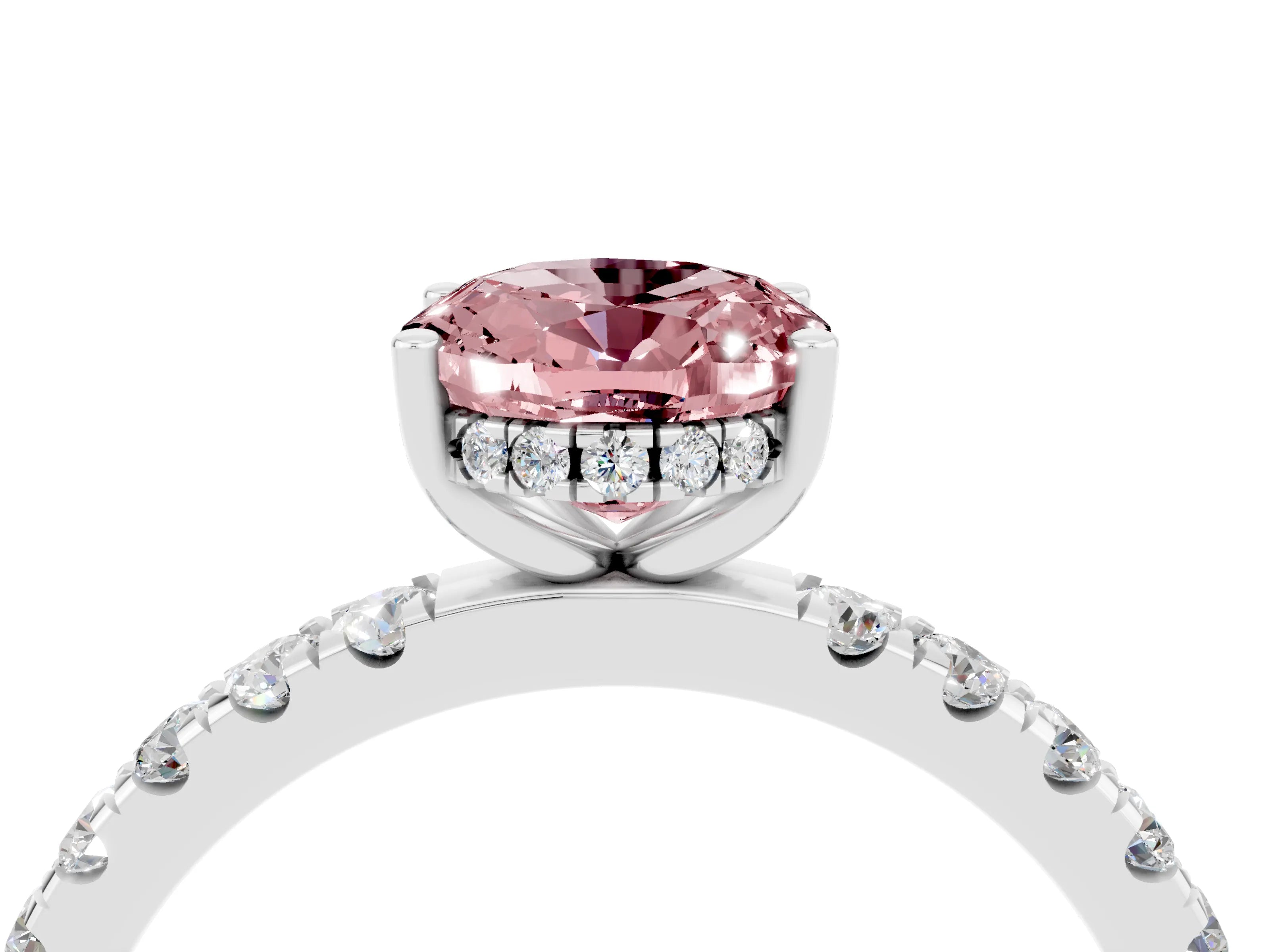 White gold Oval Cut Morganite Pave Band Solitaire Ring with Four-Prong Setting_16