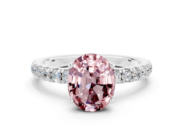 Platinum Oval Cut Morganite Pave Band Solitaire Ring with Round  and Prong Setting
