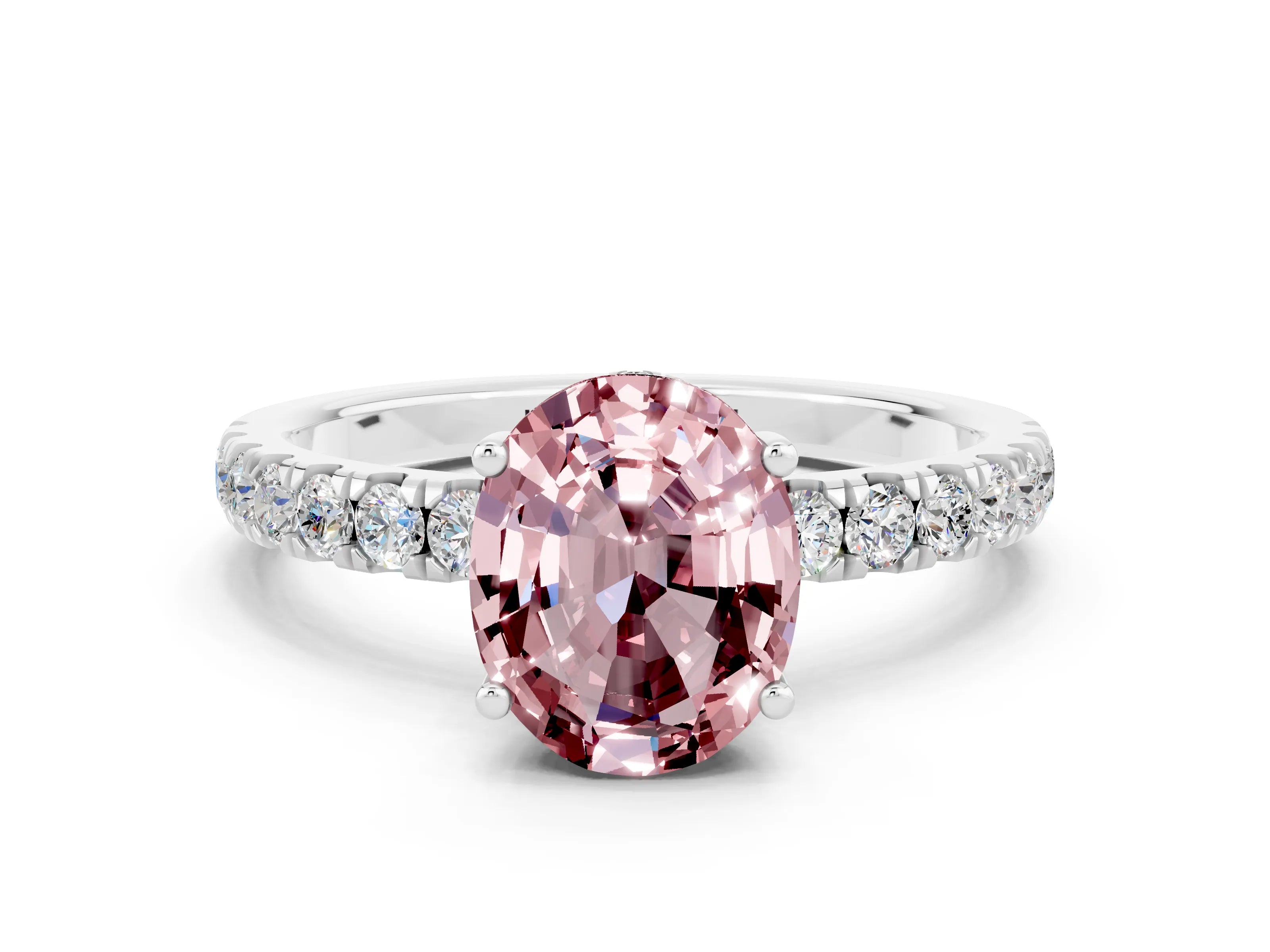 White gold Oval Cut Morganite Pave Band Solitaire Ring with Four-Prong Setting_24