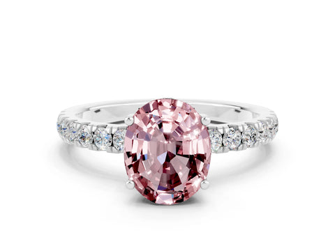 White gold Oval Cut Morganite Pave Band Solitaire Ring with Four-Prong Setting_24