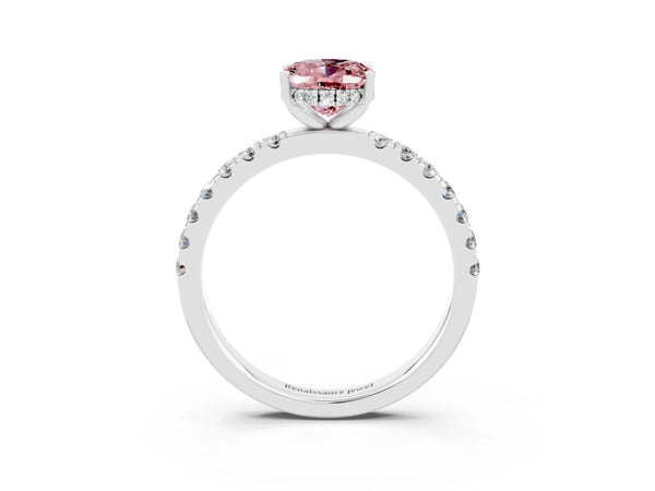 Silver Oval Cut Morganite Pave Band Solitaire Ring with Round  and Prong Setting