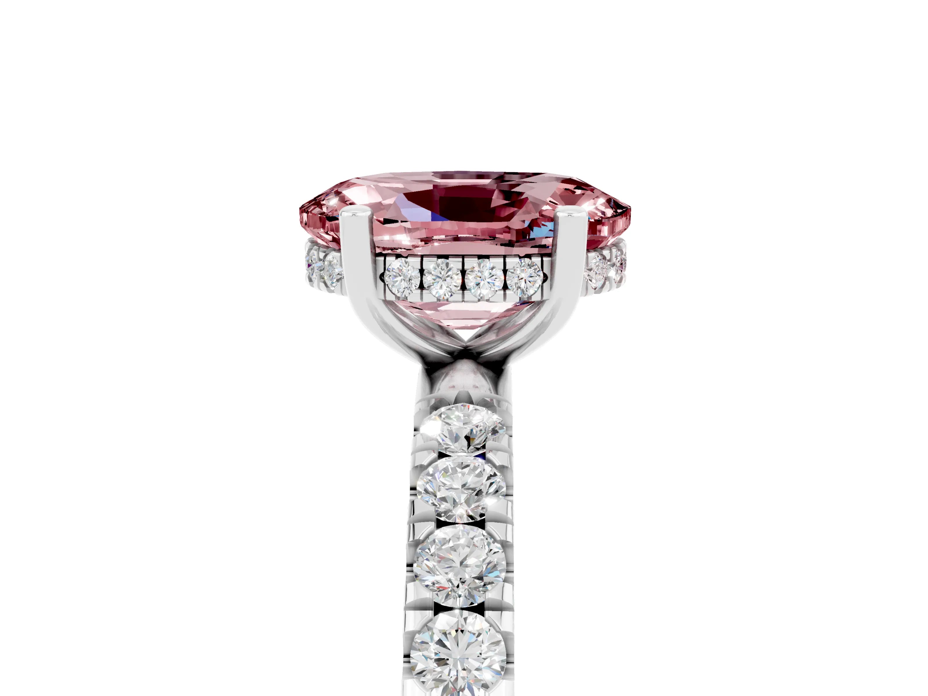 White gold Oval Cut Morganite Pave Band Solitaire Ring with Four-Prong Setting_29