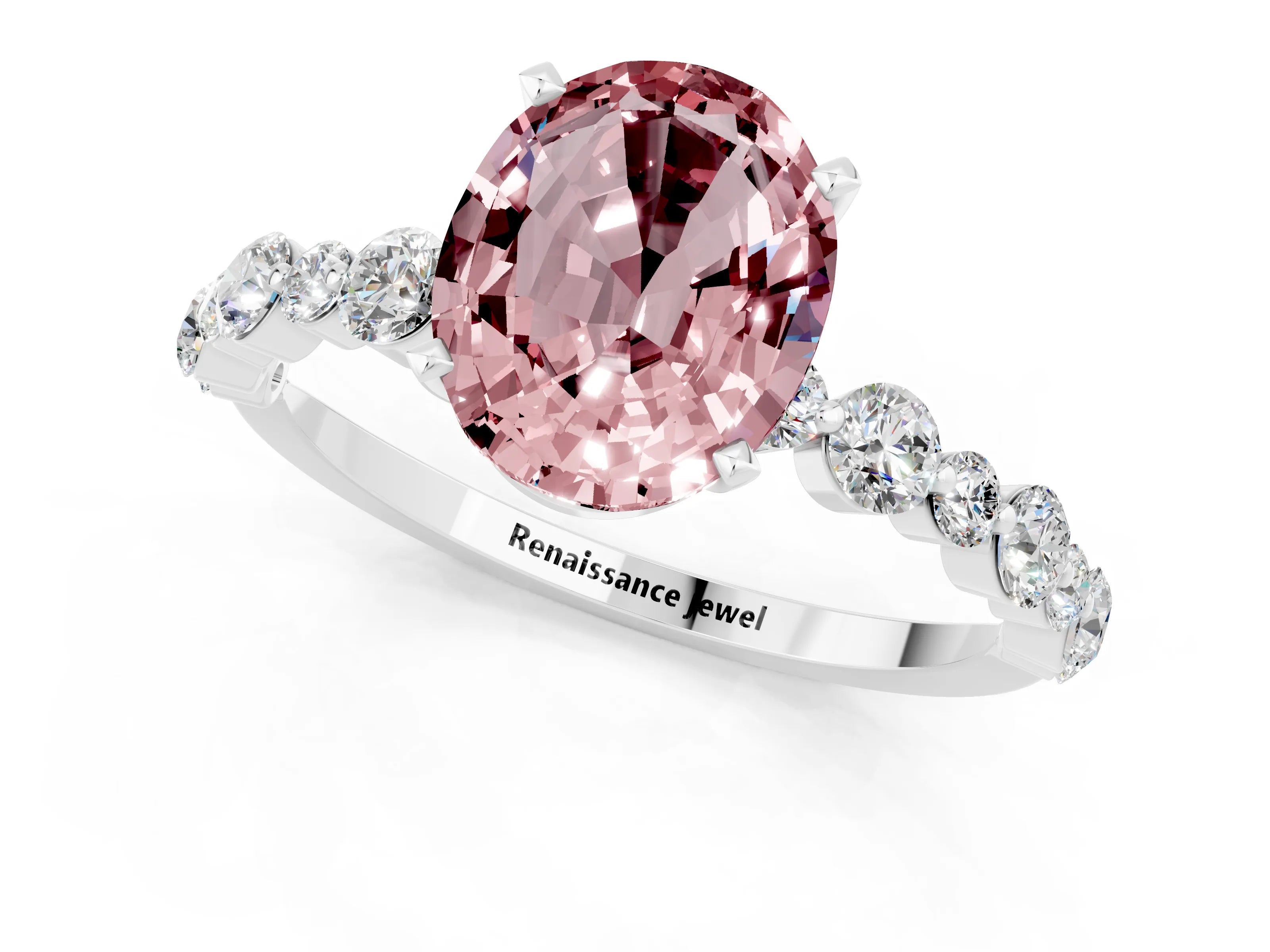 White gold Oval Cut Morganite Prong Set Engagement Ring with Pavé Band_1