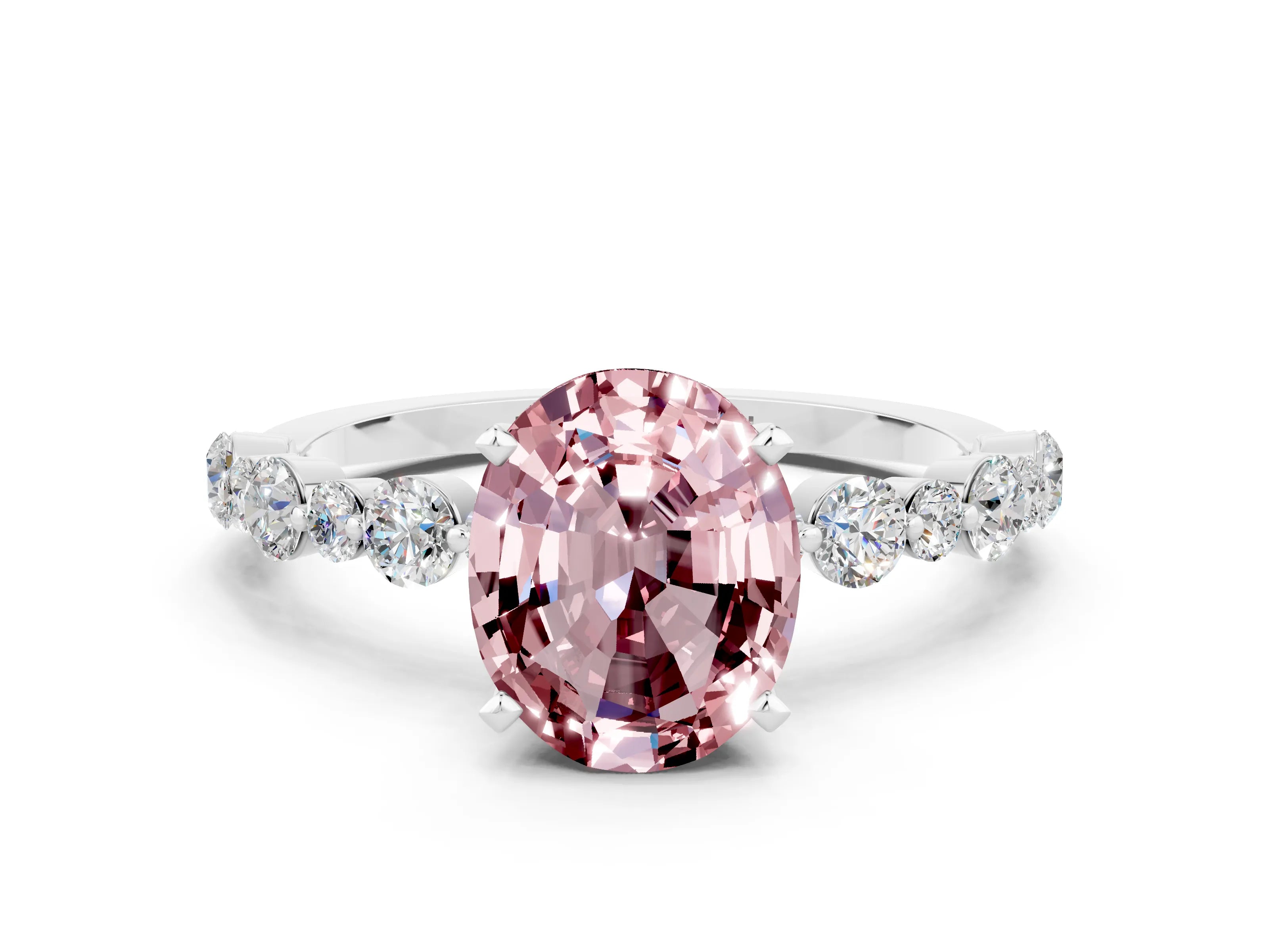 White gold Oval Cut Morganite Prong Set Engagement Ring with Pavé Band