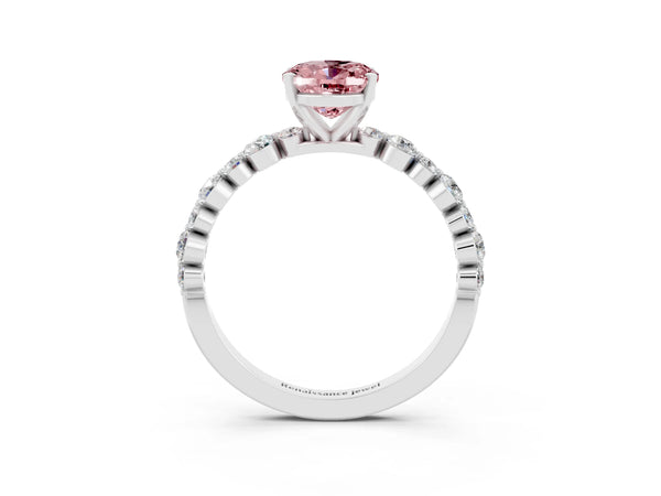 White gold Oval Cut Morganite Prong Set Engagement Ring with Pavé Band