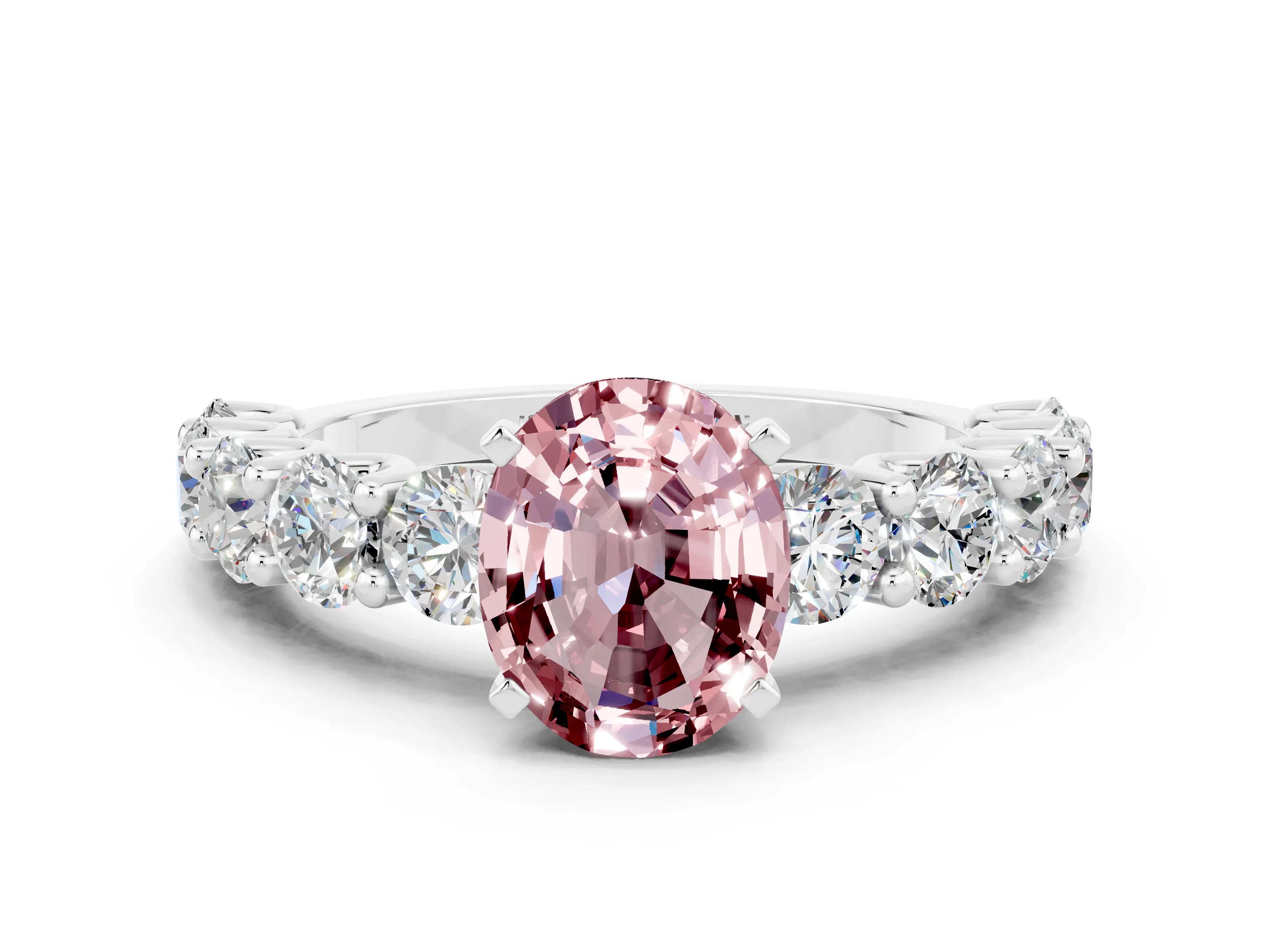 White gold Oval Cut Morganite Prong Setting with Side Stones on a Pave Band