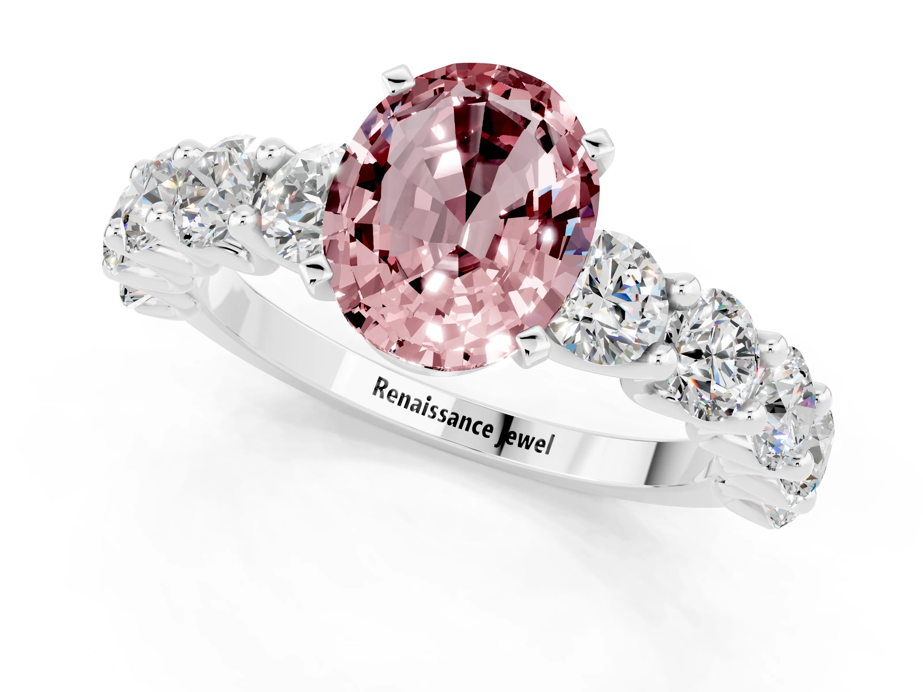 White gold Oval Cut Morganite Prong Setting with Side Stones on a Pave Band_1