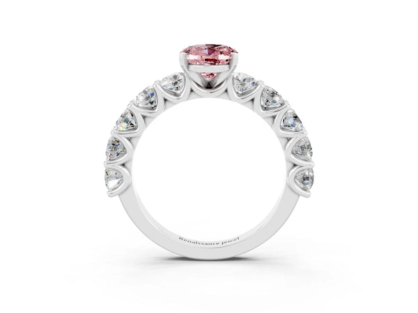 Platinum Oval Cut Morganite Prong Setting with Side Stones on a Pave Band