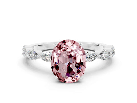 White gold Oval Cut Morganite Ring with Marquise Side Stones and Prong Setting