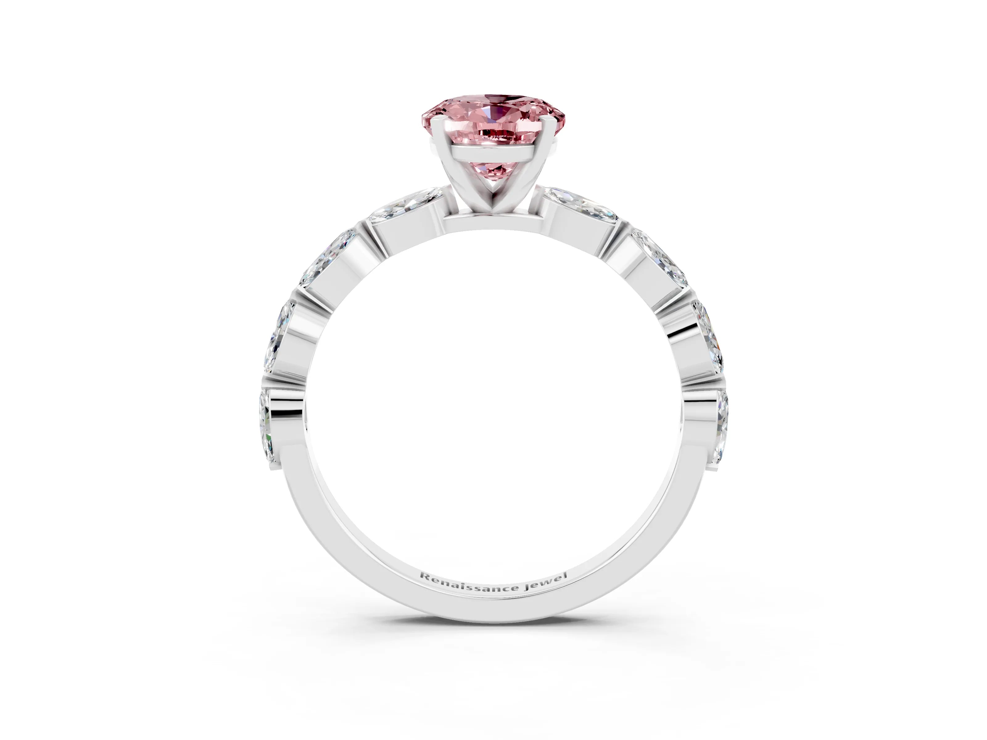 White gold Oval Cut Morganite Ring with Marquise Side Stones and Prong Setting_3