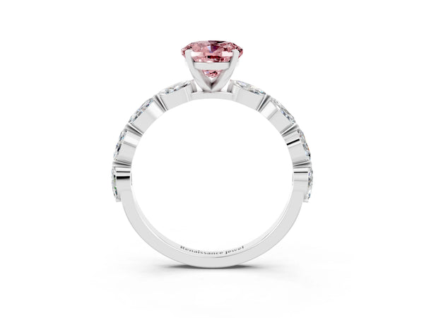 Platinum Oval Cut Morganite Ring with Marquise Side Stones and Prong Setting