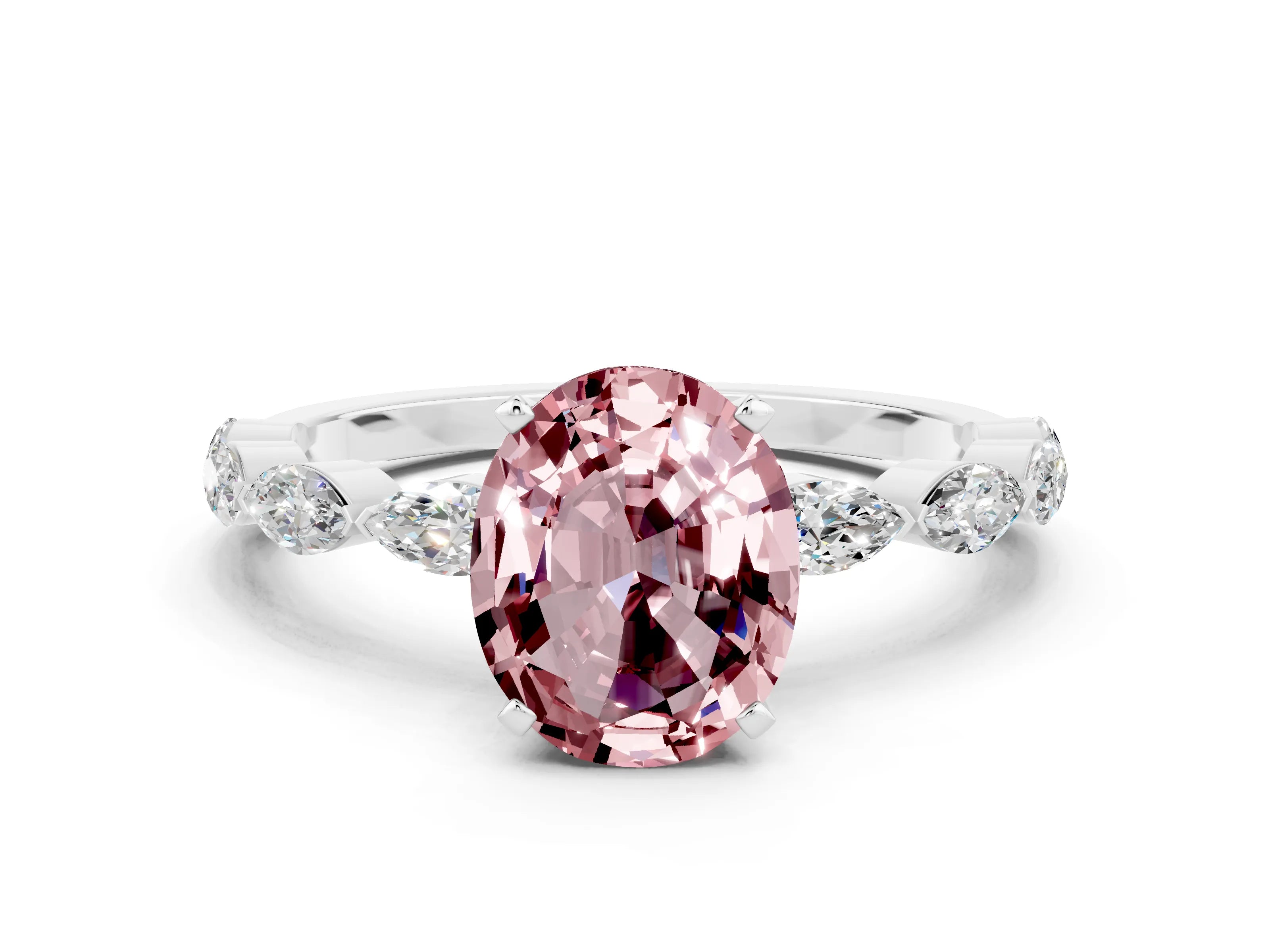 White gold Oval Cut Morganite Ring with Marquise Side Stones and Prong Setting
