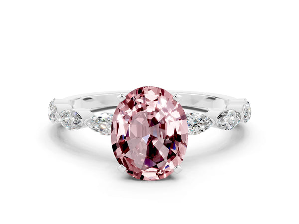 White gold Oval Cut Morganite Ring with Marquise Side Stones and Prong Setting