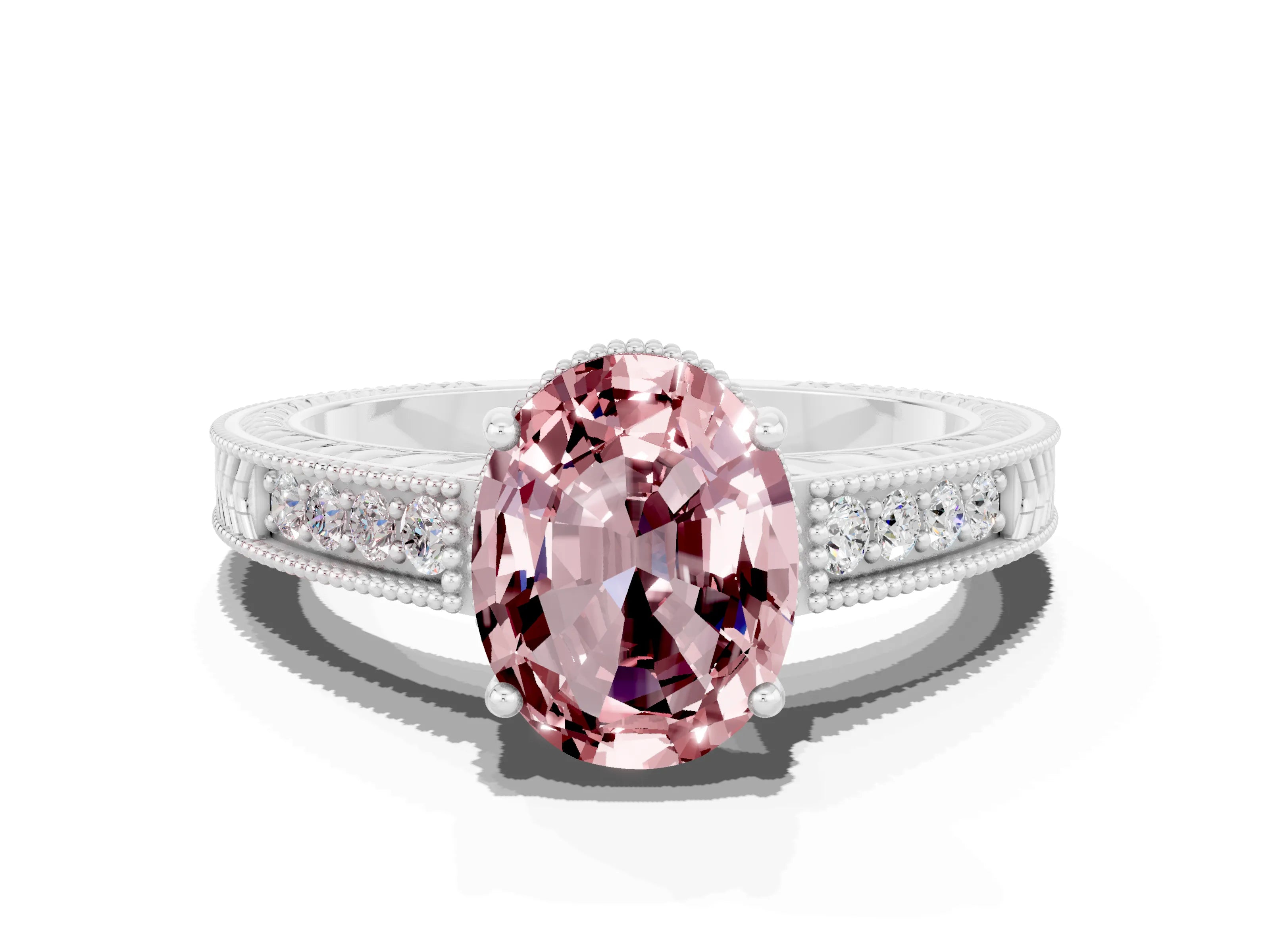 White gold Oval Cut Morganite Ring with Milgrain Pavé Band and Four-Prong Setting_12