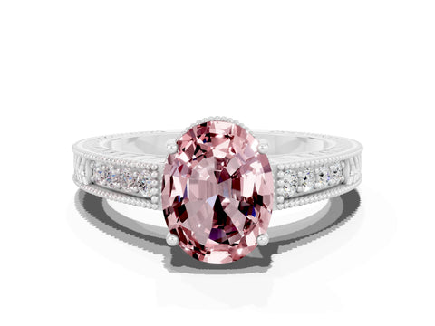 White gold Oval Cut Morganite Ring with Milgrain Pavé Band and Four-Prong Setting_12