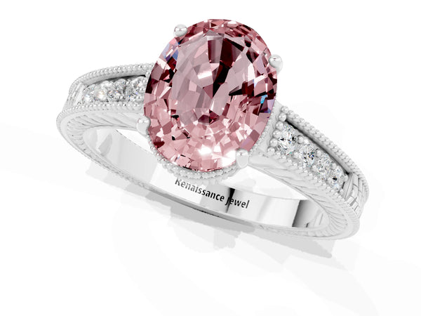 Silver Oval Cut Morganite Ring with Milgrain Pavé Band and Four-Prong Setting