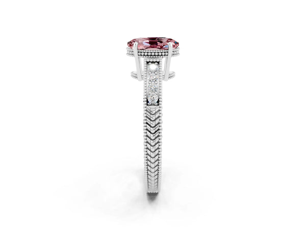 White gold Oval Cut Morganite Ring with Milgrain Pavé Band and Four-Prong Setting
