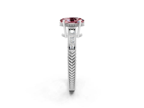 White gold Oval Cut Morganite Ring with Milgrain Pavé Band and Four-Prong Setting_14