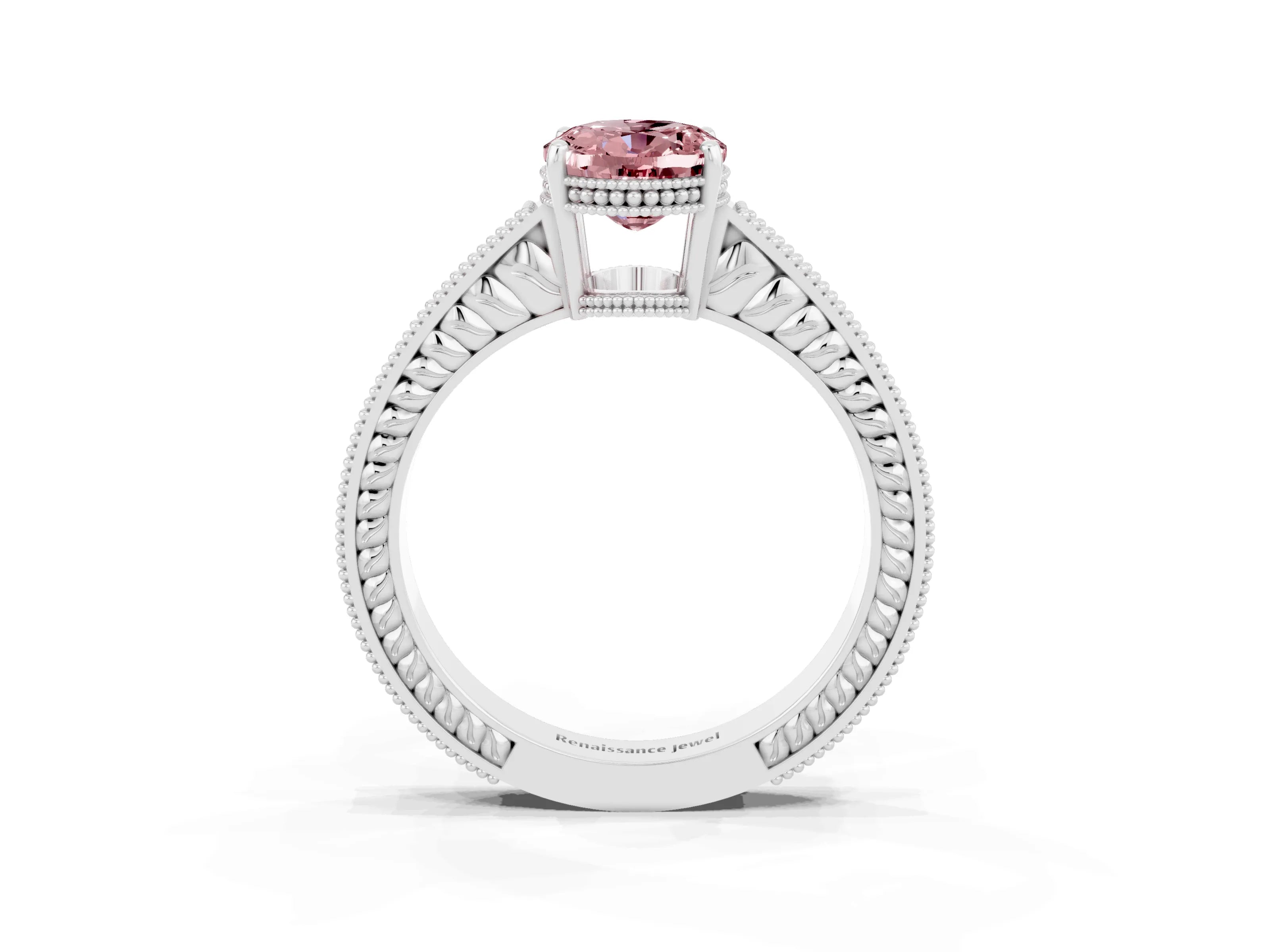 White gold Oval Cut Morganite Ring with Milgrain Pavé Band and Four-Prong Setting_15