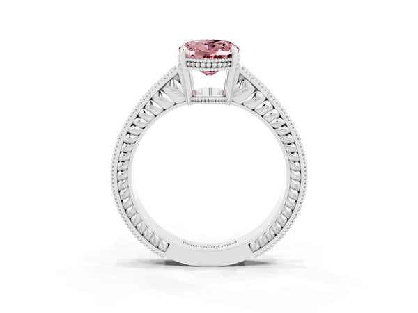 White gold Oval Cut Morganite Ring with Milgrain Pavé Band and Four-Prong Setting