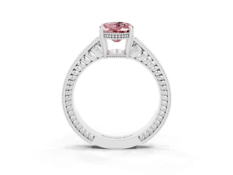 White gold Oval Cut Morganite Ring with Milgrain Pavé Band and Four-Prong Setting_15