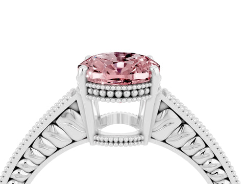 White gold Oval Cut Morganite Ring with Milgrain Pavé Band and Four-Prong Setting_16