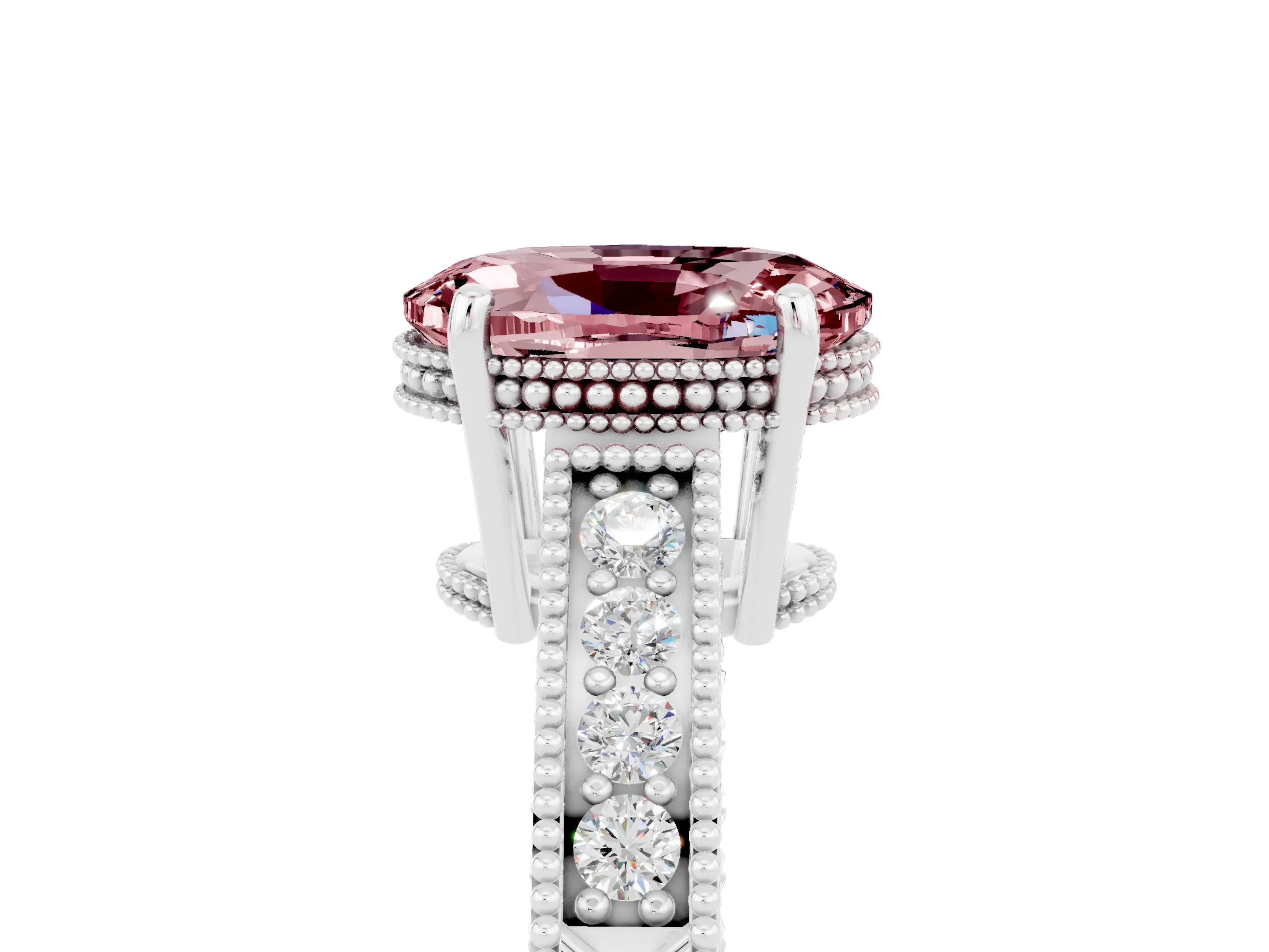 White gold Oval Cut Morganite Ring with Milgrain Pavé Band and Four-Prong Setting_17