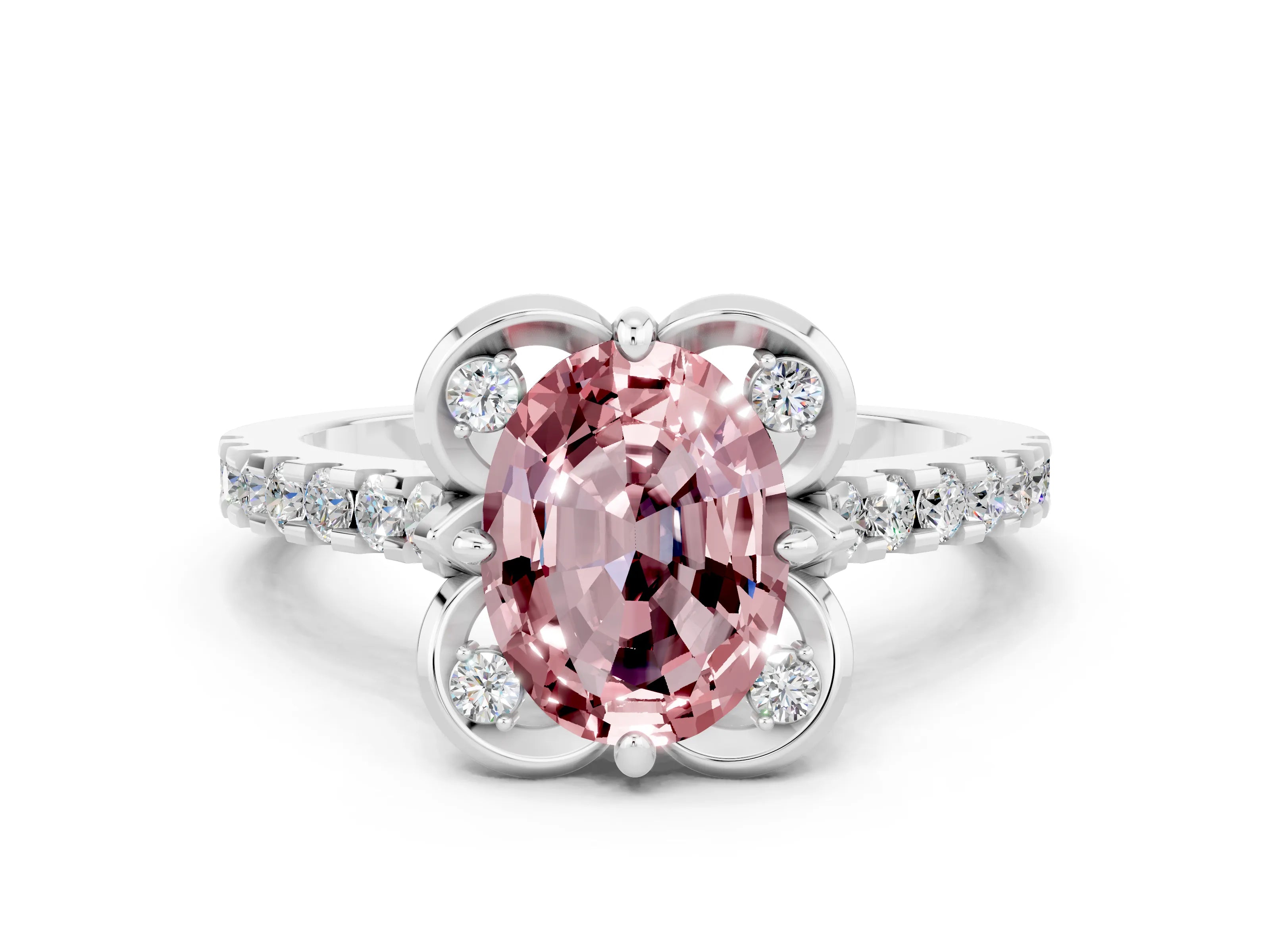 White gold Oval Cut Morganite Ring with Pavé Band and Floral Prong Setting