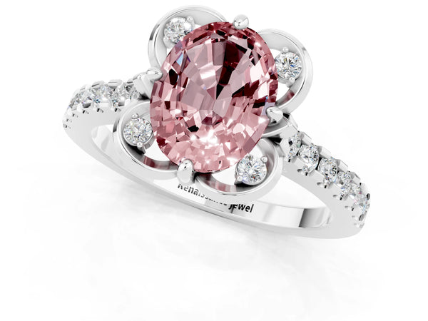 Platinum Oval Cut Morganite Ring with Pavé Band and Floral Prong Setting