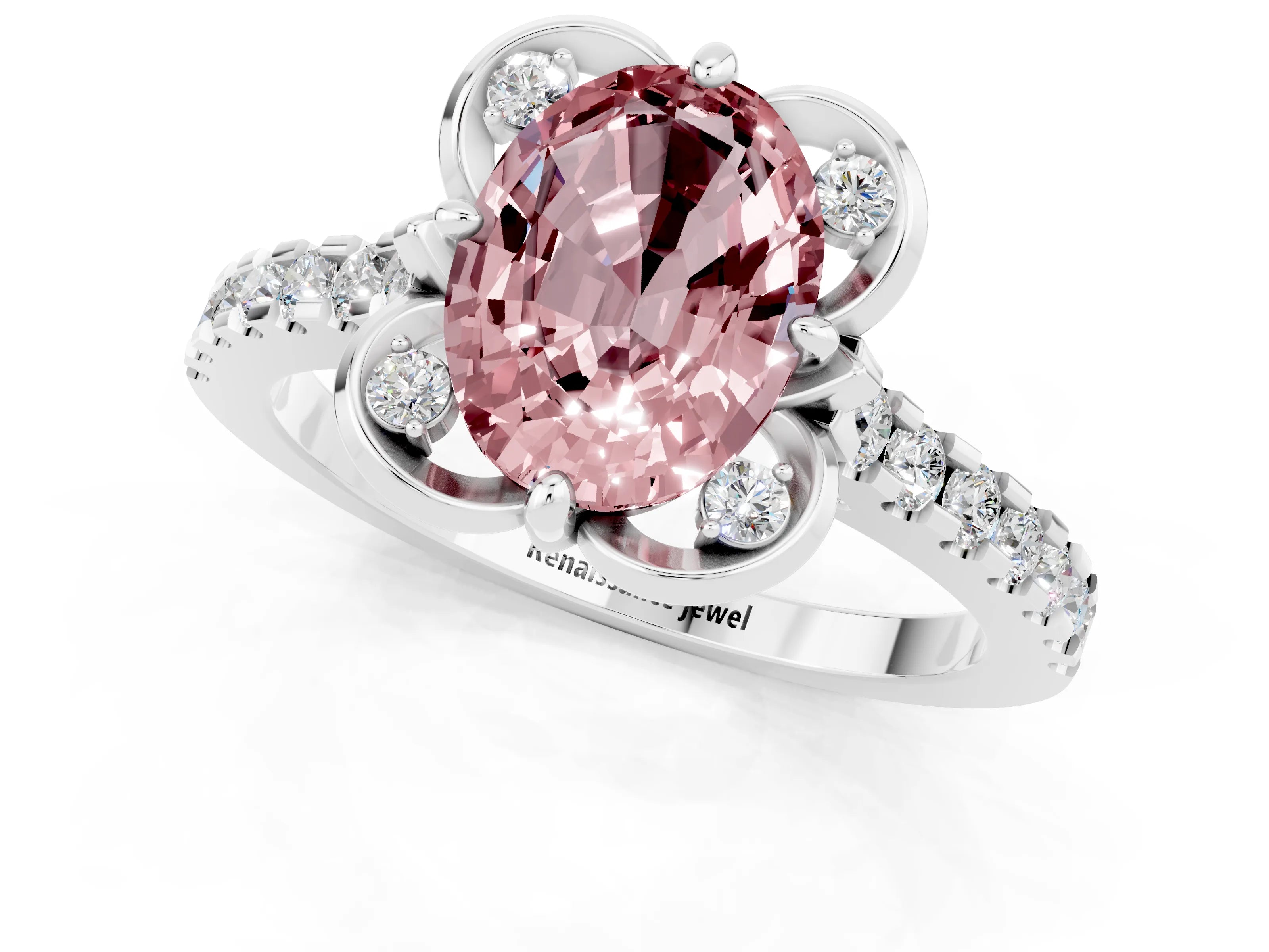 White gold Oval Cut Morganite Ring with Pavé Band and Floral Prong Setting_1