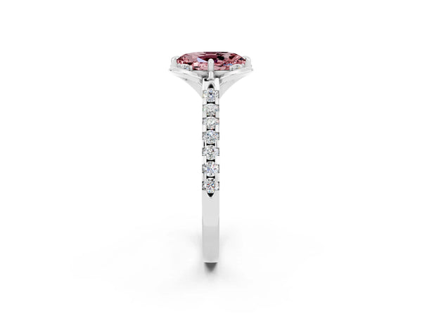 Platinum Oval Cut Morganite Ring with Pavé Band and Floral Prong Setting
