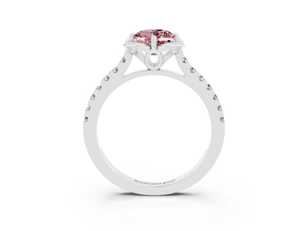 White gold Oval Cut Morganite Ring with Pavé Band and Floral Prong Setting