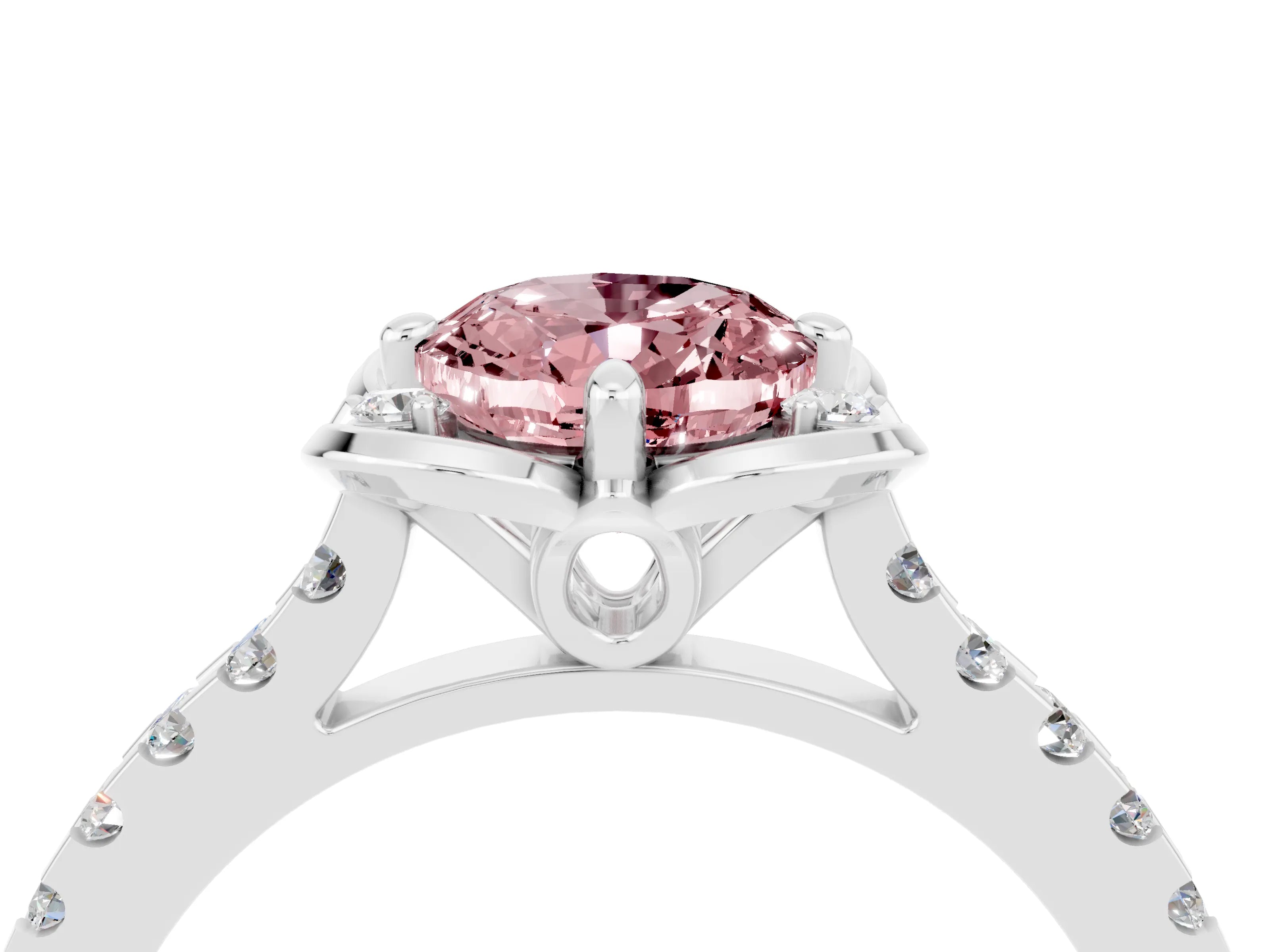 White gold Oval Cut Morganite Ring with Pavé Band and Floral Prong Setting_4