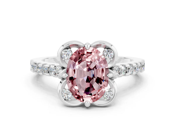 Silver Oval Cut Morganite Ring with Pavé Band and Floral Prong Setting