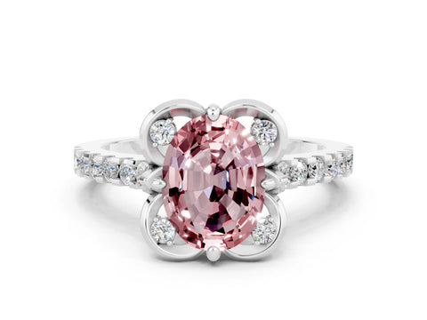 White gold Oval Cut Morganite Ring with Pavé Band and Floral Prong Setting