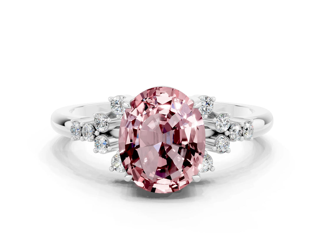 White gold Oval Cut Morganite Ring with Side Stones and Four-Prong Setting_91
