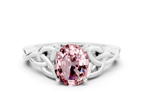 Platinum Oval Cut Morganite Solitaire Celtic Knot Ring with Four-Prong Setting