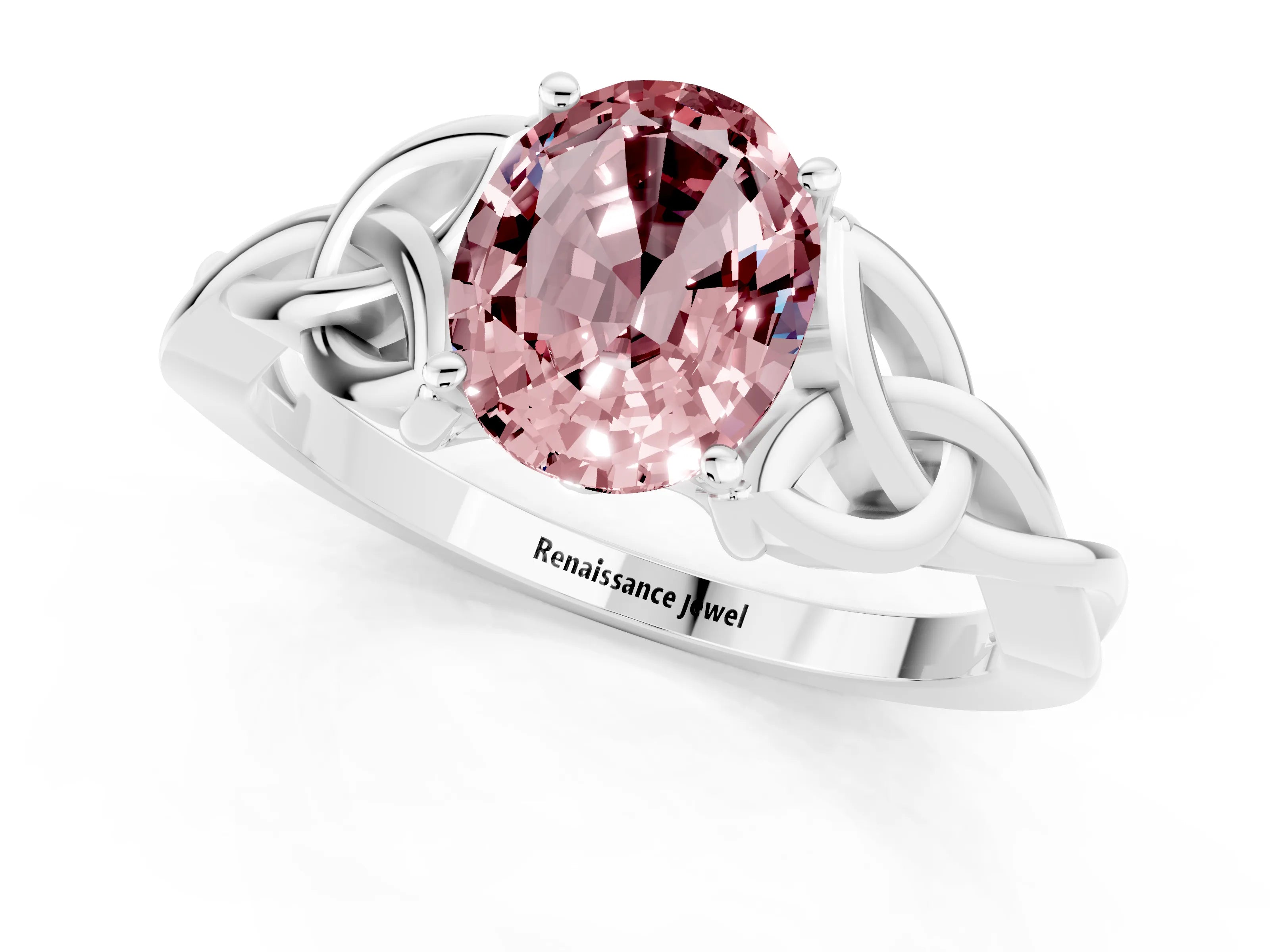 White gold Oval Cut Morganite Solitaire Engagement Ring with Celtic Knot Band and Four-Prong Setting_1