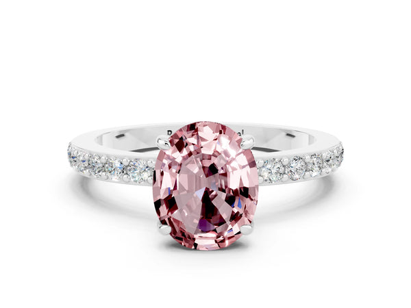 Platinum Oval Cut Morganite Solitaire Engagement Ring with Pavé Band and Four-Prong Setting