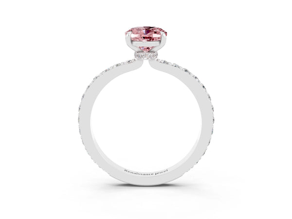 Silver Oval Cut Morganite Solitaire Engagement Ring with Pavé Band and Four-Prong Setting