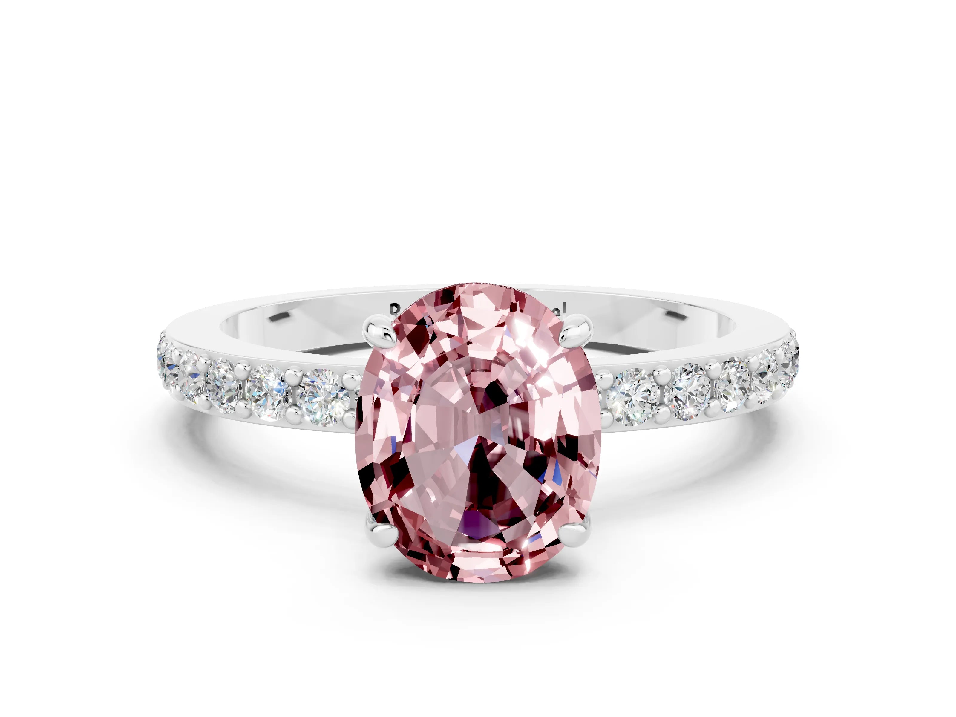 White gold Oval Cut Morganite Solitaire Engagement Ring with Pavé Band and Four-Prong Setting
