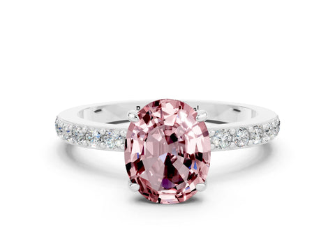 White gold Oval Cut Morganite Solitaire Engagement Ring with Pavé Band and Four-Prong Setting