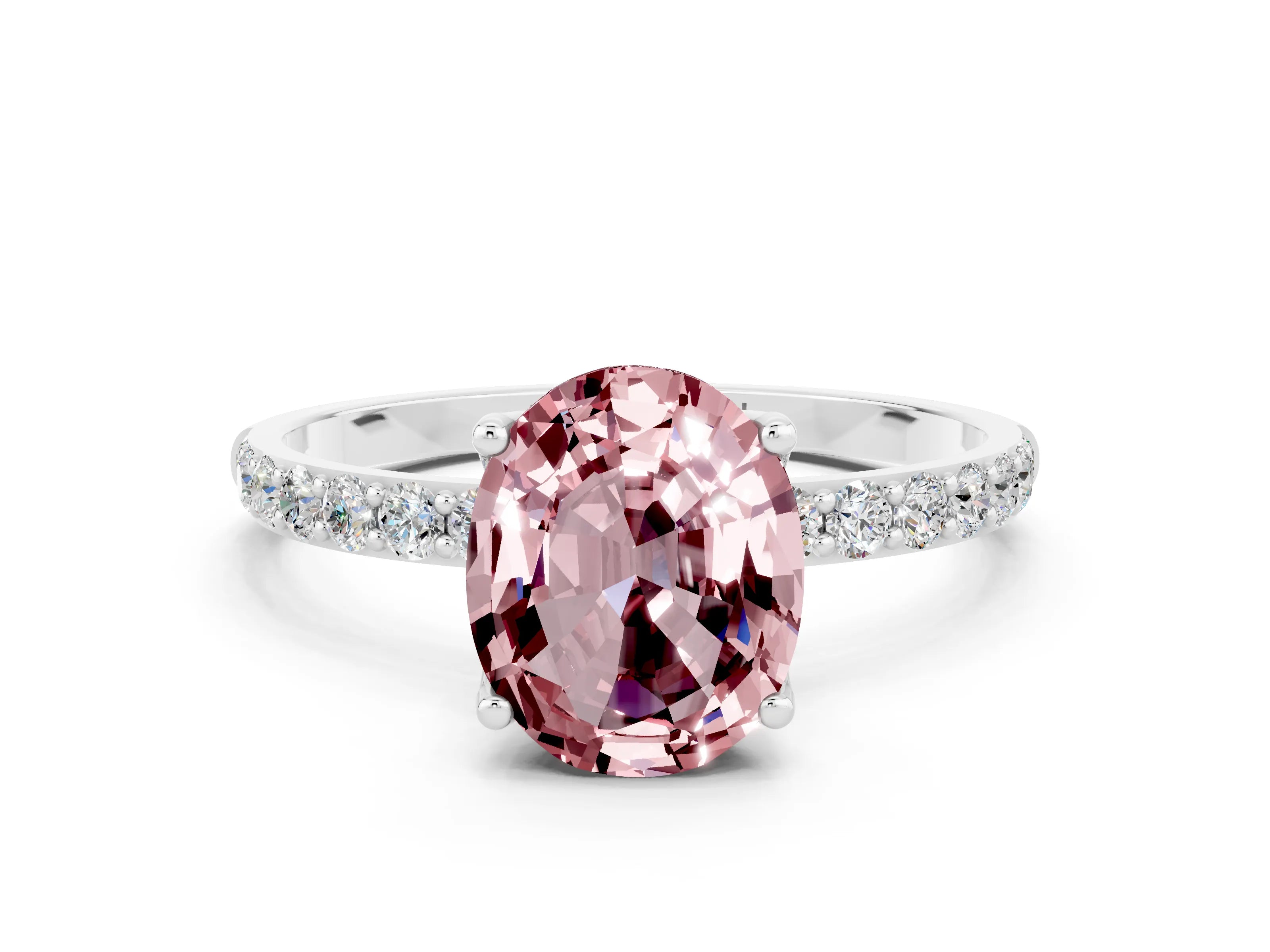 White gold Oval Cut Morganite Solitaire Engagement Ring with Pavé Band and Prong Setting