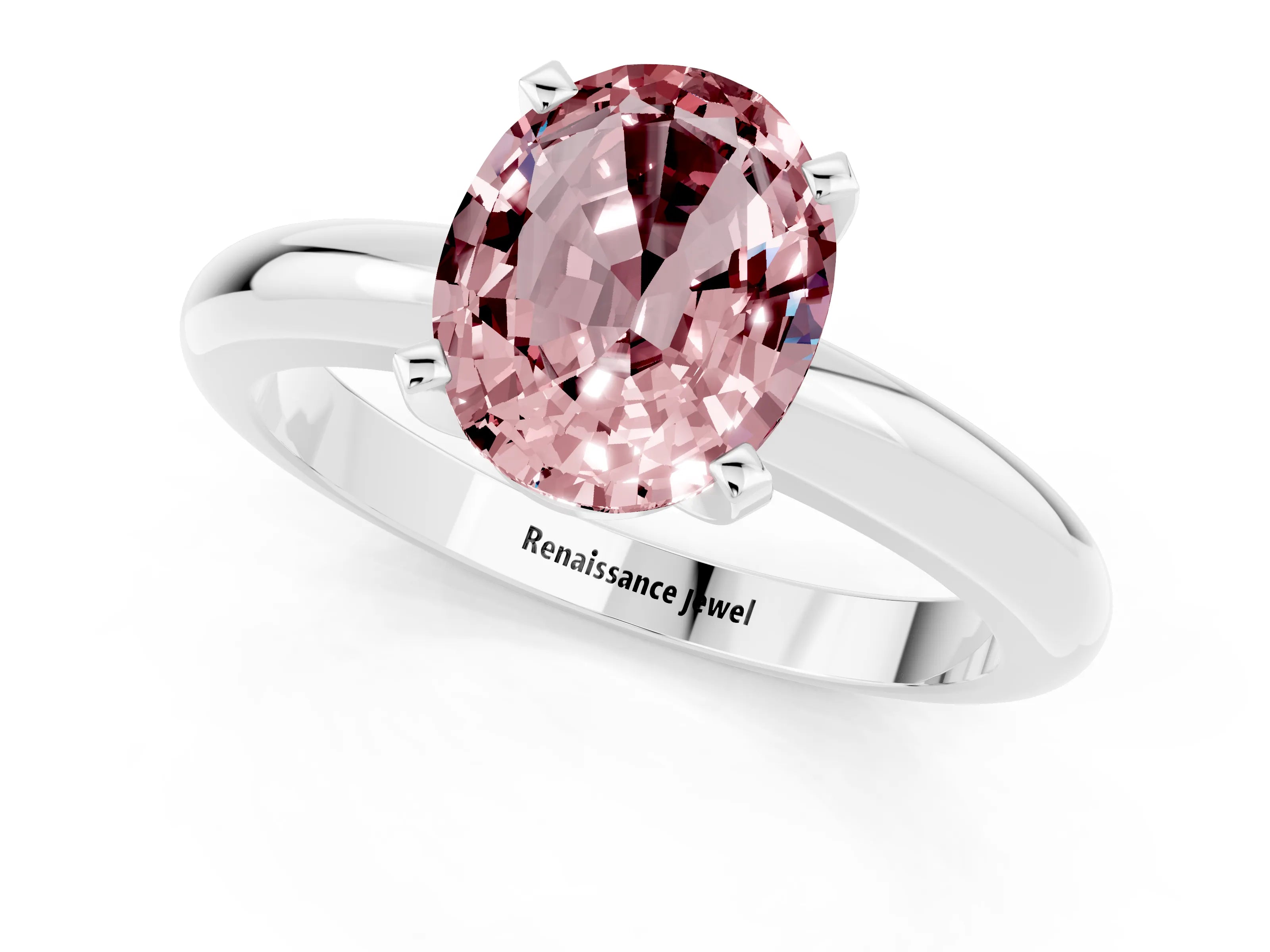 White gold Oval Cut Morganite Solitaire Engagement Ring with Round Band and Four-Prong Setting_1
