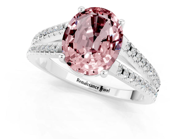 Platinum Oval Cut Morganite Solitaire Engagement Ring with Split Shank Pavé Band