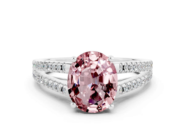 Silver Oval Cut Morganite Solitaire Engagement Ring with Split Shank Pavé Band