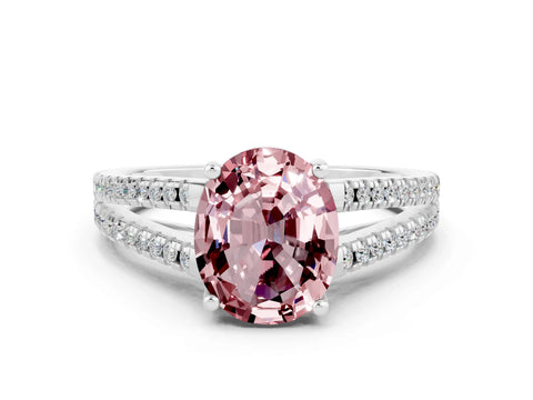 White gold Oval Cut Morganite Solitaire Engagement Ring with Split Shank Pavé Band