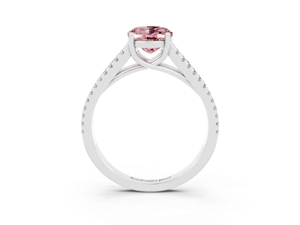 Platinum Oval Cut Morganite Solitaire Engagement Ring with Split Shank Pavé Band