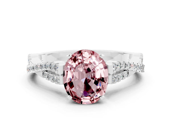 Platinum Oval Cut Morganite Solitaire Engagement Ring with Twisted Pavé Band and Four-Prong Setting