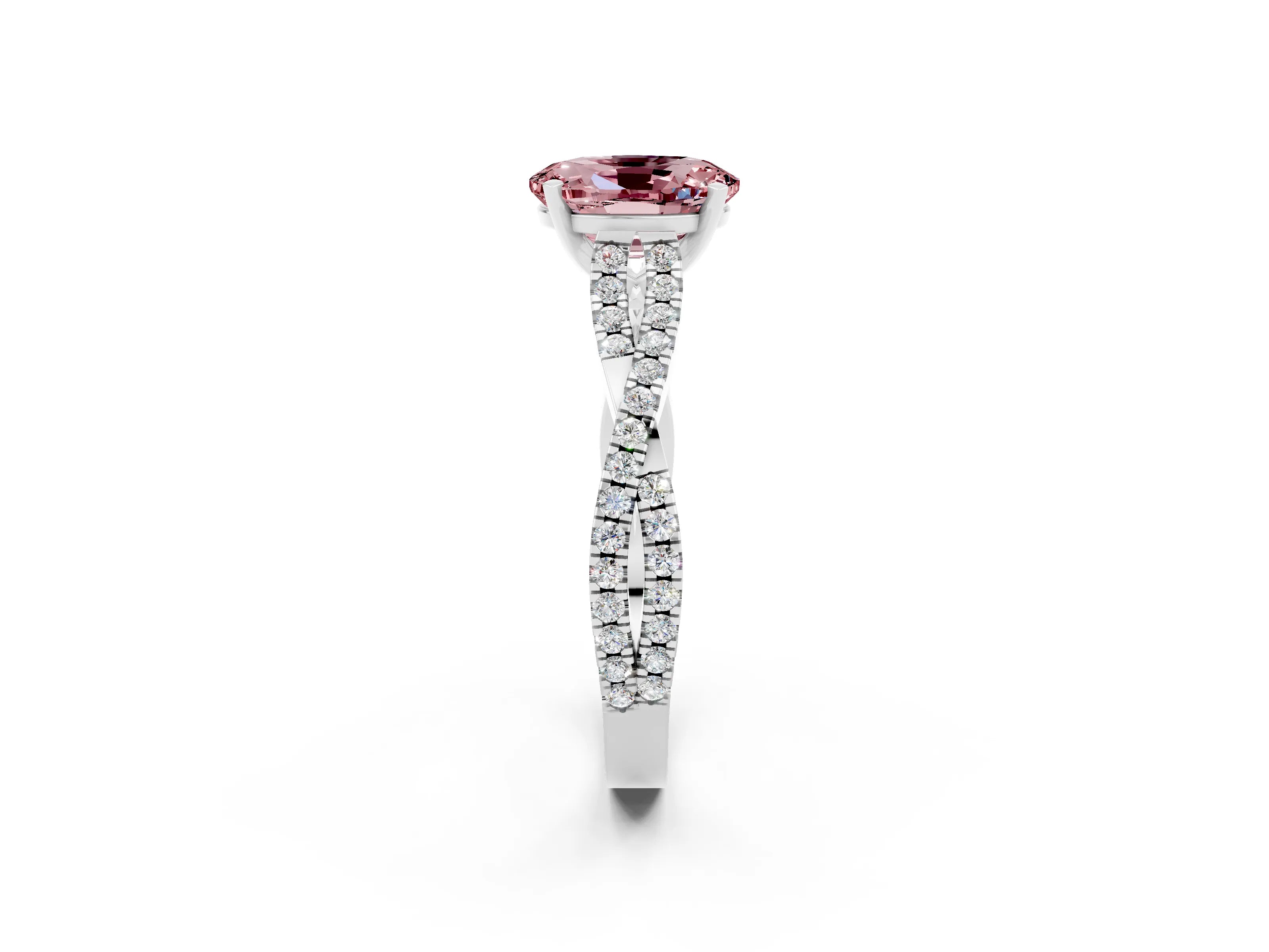 White gold Oval Cut Morganite Solitaire Engagement Ring with Twisted Pavé Band and Four-Prong Setting_2